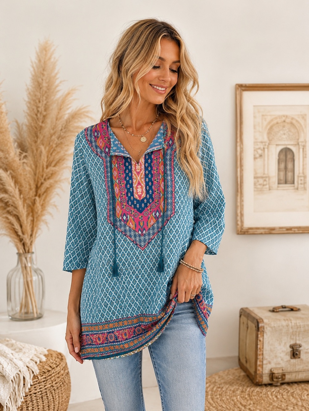 Urban Coco Boho V-Neck Embroidered Tunic Top in Teal